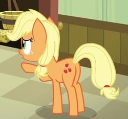 Size: 317x296 | Tagged: safe, screencap, applejack, earth pony, pony, g4, where the apple lies, butt, checkered floor, cropped, female, filly, foal, plot, raised hoof, solo, teenage applejack, teenager, younger