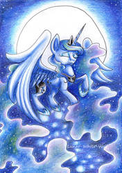 Size: 2428x3456 | Tagged: safe, artist:lunar-white-wolf, princess luna, g4, eyes closed, female, flying, full moon, high res, moon, solo, traditional art