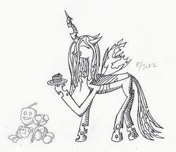 Size: 1727x1502 | Tagged: safe, artist:arctic-lux, queen chrysalis, g4, cake, crossover, food, gir, invader zim, monochrome, pintsize, questionable content, traditional art