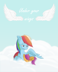 Size: 1300x1600 | Tagged: safe, artist:gabrieldltc, rainbow dash, scootaloo, pegasus, pony, fanfic:under your wings, g4, blue background, cloud, eyes closed, fanfic, fanfic art, fanfic cover, female, filly, lidded eyes, mare, prone, scootalove, simple background, sky, sleeping, smiling, spread wings, wings