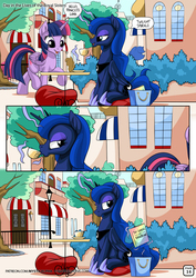 Size: 955x1351 | Tagged: safe, artist:mysticalpha, princess luna, twilight sparkle, alicorn, pony, comic:day in the lives of the royal sisters, g4, bag, book, cafe, comic, crown, dialogue, female, fifty shades of grey, horseshoes, implied fanfiction, implied rainbow dash, jewelry, levitation, magic, mare, peytral, pillow, regalia, sitting, speech bubble, table, teacup, telekinesis, twilight sparkle (alicorn)