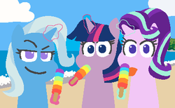 Size: 396x244 | Tagged: safe, artist:threetwotwo32232, starlight glimmer, trixie, twilight sparkle, alicorn, pony, g4, beach, food, icy pole, popsicle, twilight sparkle (alicorn)