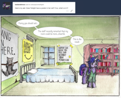 Size: 1043x847 | Tagged: safe, artist:dreamingnoctis, twilight sparkle, ask asylum twilight, g4, bed, book, bookshelf, hang in there, hanging, poster