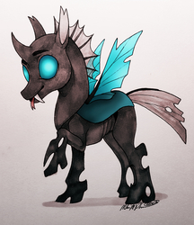 Size: 1836x2124 | Tagged: safe, artist:pocki07, thorax, changeling, g4, male, raised hoof, solo, tongue out, traditional art