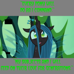 Size: 844x844 | Tagged: safe, edit, edited screencap, screencap, queen chrysalis, changeling, changeling queen, g4, to where and back again, caption, changeling hive, female, leadership, smiling, solo, talking, text, throne