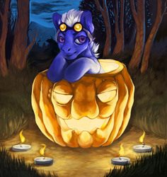 Size: 1478x1565 | Tagged: safe, artist:theray, candle, food, forest, goggles, halloween, jack-o-lantern, pumpkin, solo, ych result