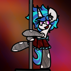 Size: 400x400 | Tagged: safe, artist:moonydusk, dj pon-3, vinyl scratch, pony, unicorn, g4, bipedal, clothes, cute, female, gradient background, open mouth, pantyhose, pole dancing, raised leg, request, skirt, smiling, solo, stripper pole