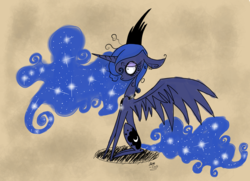 Size: 2790x2020 | Tagged: safe, artist:moondaneka, princess luna, g4, female, high res, sitting, solo, spread wings, style emulation, tim burton