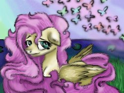 Size: 1024x768 | Tagged: safe, artist:neonspirit17, fluttershy, butterfly, pony, g4, female, fluffy, lake, solo, water