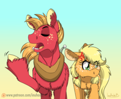 Size: 1024x836 | Tagged: safe, artist:inuhoshi-to-darkpen, applejack, big macintosh, earth pony, pony, g4, where the apple lies, chest fluff, cross-popping veins, ear fluff, eyes closed, female, fluffy, freckles, male, mare, open mouth, patreon, patreon logo, raised hoof, stallion, teenage applejack, teenage big macintosh, unshorn fetlocks