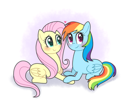 Size: 668x528 | Tagged: safe, artist:bluemoonlightflower, fluttershy, rainbow dash, g4, blushing, female, folded wings, heart, holding hooves, lesbian, prone, ship:flutterdash, shipping, simple background, white background