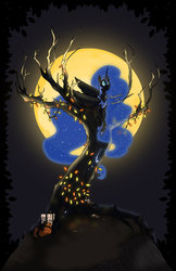 Size: 1280x1978 | Tagged: safe, artist:assassin-or-shadow, nightmare moon, g4, christmas lights, female, moon, night, present, prone, solo, tree, watermark