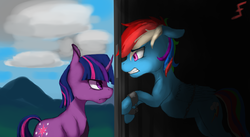Size: 3439x1878 | Tagged: safe, artist:fizzlesoda2000, rainbow dash, twilight sparkle, g4, angry, arrested, betrayal, bound wings, chains, cuffs, gritted teeth, prisoner rd, shackles, tyrant sparkle, wagon