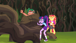 Size: 853x480 | Tagged: safe, screencap, sci-twi, sunset shimmer, timber spruce, twilight sparkle, equestria girls, g4, my little pony equestria girls: legend of everfree, animated, clothes, coils, converse, gif, shoes, sneakers, this will end in pain
