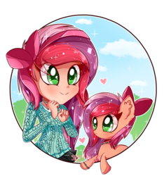 Size: 1280x1365 | Tagged: safe, artist:vixelzf, oc, oc only, oc:apple spice, human, equestria girls, g4, :>, blushing, bow, bracelet, clothes, commission, cute, equestria girls-ified, hair bow, heart, human ponidox, jewelry, leaning, necklace, ocbetes, self ponidox, skirt, smiling, sparkles, starry eyes, wingding eyes