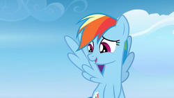 Size: 1280x720 | Tagged: safe, screencap, rainbow dash, pegasus, pony, g4, top bolt, cute, dashabetes, female, flying, mare, open mouth, solo