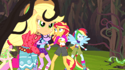 Size: 640x360 | Tagged: safe, screencap, applejack, pinkie pie, rainbow dash, sci-twi, sunset shimmer, twilight sparkle, equestria girls, g4, my little pony equestria girls: legend of everfree, animated, camp fashion show outfit, female, gif, ponied up