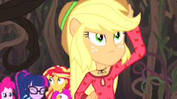 Size: 640x360 | Tagged: safe, screencap, applejack, pinkie pie, sci-twi, sunset shimmer, twilight sparkle, equestria girls, g4, my little pony equestria girls: legend of everfree, animated, camp fashion show outfit, female, gif, ponied up