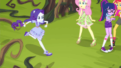 Size: 640x360 | Tagged: safe, screencap, fluttershy, rarity, sci-twi, sunset shimmer, twilight sparkle, equestria girls, g4, my little pony equestria girls: legend of everfree, animated, avatar, camp fashion show outfit, clothes, converse, female, force field, gif, ponied up, shoes, sneakers