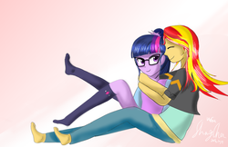 Size: 2000x1292 | Tagged: safe, artist:linlaifeng, sci-twi, sunset shimmer, twilight sparkle, equestria girls, g4, barefoot, clothes, feet, female, hug, hug from behind, lesbian, missing shoes, ship:sci-twishimmer, ship:sunsetsparkle, shipping, sitting, socks