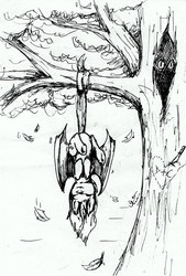 Size: 1516x2247 | Tagged: safe, artist:spacesheep-art, fluttershy, bat pony, pony, g4, eyes closed, female, flutterbat, hanging, inktober, inktober 2016, knife, leaves, monochrome, prehensile tail, race swap, solo, traditional art, tree, tree carving, upside down