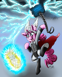 Size: 1024x1280 | Tagged: safe, artist:victorydanceofficial, pinkie pie, earth pony, pony, g4, bipedal, crossover, female, food, hammer, lightning, mare, marvel comics, mjölnir, pineapple, solo, thor, war hammer, weapon
