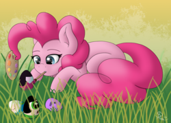 Size: 1400x1000 | Tagged: safe, artist:spirit-dude, pinkie pie, earth pony, gem (race), human, pony, g4, buttercup (powerpuff girls), easter egg, female, finn the human, fusion, garnet (steven universe), gem fusion, grass, lumpy space princess, lying down, mare, paint, paintbrush, pasture, solo, steven universe, the powerpuff girls