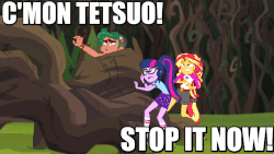 Size: 853x480 | Tagged: safe, edit, edited screencap, screencap, sci-twi, sunset shimmer, timber spruce, twilight sparkle, equestria girls, g4, my little pony equestria girls: legend of everfree, akira, animated, gif, image macro, meme, movie quote, roots, tendrils, tetsuo shima, this will not end well