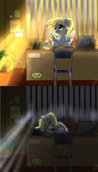 Size: 800x1398 | Tagged: safe, artist:shimazun, derpy hooves, pegasus, pony, g4, chair, chest fluff, coffee, comic, computer, crepuscular rays, female, laptop computer, mare, office, sitting, sleeping, spread wings, table
