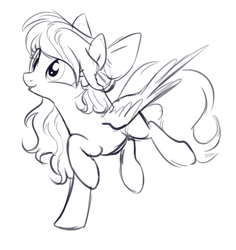 Size: 1261x1338 | Tagged: safe, artist:imalou, angel wings, pegasus, pony, g4, top bolt, black and white, bow, bucking, cute, female, grayscale, hair bow, legs in air, mare, monochrome, raised hoof, simple background, sketch, solo, spread wings, white background