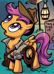 Size: 400x549 | Tagged: safe, idw, scootaloo, pegasus, pony, g4, spoiler:comic, blank flank, clothes, cosplay, costume, cute, cutealoo, female, filly, foal, hat, indiana jones, looking up, open mouth, outfit catalog, satchel, shirt, solo, spread wings, whip, wings