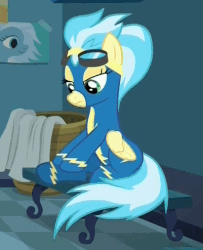 Size: 401x494 | Tagged: safe, screencap, misty fly, pegasus, pony, g4, top bolt, animated, clothes, female, gif, locker room, loop, massage, solo, wonderbolts uniform