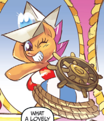 Size: 606x700 | Tagged: safe, idw, scootaloo, g4, spoiler:comic, carousel boutique, female, filly, foal, grin, hat, one eye closed, outfit catalog, paper hat, rope, smiling, solo, wheel, wink