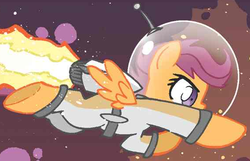 Size: 569x366 | Tagged: safe, idw, scootaloo, pegasus, pony, friends forever #2, g4, my little pony: friends forever, spoiler:comic, astronaut, clothes, costume, female, outfit catalog, solo, spacesuit, spread wings, wings