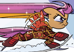 Size: 492x350 | Tagged: safe, idw, scootaloo, friends forever #2, g4, my little pony: friends forever, spoiler:comic, clothes, determined look, female, figure skating, filly, foal, ice skates, outfit catalog, solo