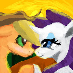 Size: 1024x1024 | Tagged: safe, artist:billyggruff, applejack, rarity, g4, eye contact, female, lesbian, looking at each other, ship:rarijack, shipping, sunset