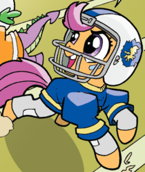 Size: 540x644 | Tagged: safe, idw, scootaloo, spike, friends forever #2, g4, my little pony: friends forever, spoiler:comic, american football, football helmet, helmet, outfit catalog