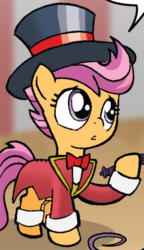 Size: 295x511 | Tagged: safe, idw, scootaloo, friends forever #2, g4, my little pony: friends forever, spoiler:comic, clothes, female, filly, foal, hat, lion tamer, outfit catalog, solo