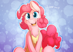 Size: 1280x929 | Tagged: dead source, safe, artist:fluffyxai, pinkie pie, earth pony, pony, g4, apron, chest fluff, clothes, cute, diapinkes, female, looking at you, open mouth, solo