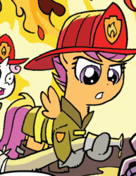 Size: 313x405 | Tagged: safe, idw, scootaloo, sweetie belle, friends forever #2, g4, my little pony: friends forever, spoiler:comic, clothes, female, filly, fire, firefighter, foal, hat, hose, outfit catalog