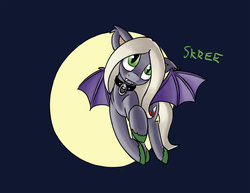 Size: 1280x989 | Tagged: safe, artist:warskunk, oc, oc only, oc:sanguine morning, bat pony, pony, bat pony oc, blue background, collar, cute, eeee, fangs, flying, looking at you, moon, simple background, skree, smiling, solo, spread wings, wings
