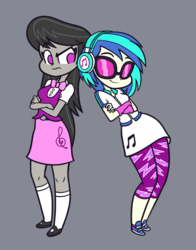 Size: 1178x1500 | Tagged: safe, artist:khuzang, dj pon-3, octavia melody, vinyl scratch, equestria girls, clothes, crossed arms, duo, empty eyes, frown, gray background, headphones, leggings, mary janes, no catchlights, no pupils, shoes, simple background, skirt, smiling, sneakers, socks, sunglasses