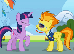 Size: 687x502 | Tagged: safe, screencap, rainbow dash, spitfire, twilight sparkle, alicorn, pony, g4, top bolt, animated, blowing, blowing whistle, female, gif, spitfire's whistle, that pony sure does love whistles, this will end in deafness, twilight sparkle (alicorn), whistle, whistle necklace, wonderbolts dress uniform