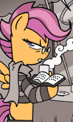 Size: 313x523 | Tagged: safe, idw, scootaloo, friends forever #2, g4, my little pony: friends forever, spoiler:comic, book, clothes, female, filly, foal, glasses, hipster, lidded eyes, looking back, mug, outfit catalog, plate, scarf, sitting, solo, spread wings, steam