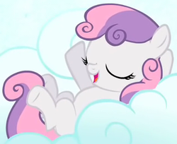 Size: 319x260 | Tagged: safe, screencap, sweetie belle, earth pony, pony, unicorn, g4, stare master, animation error, blank flank, cloud, cropped, eyes closed, female, filly, foal, hooves, horn, hornless unicorn, lying down, lying on a cloud, missing horn, on a cloud, on back, open mouth, solo