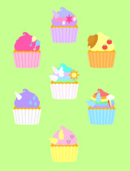 Size: 1192x1564 | Tagged: safe, applejack, fluttershy, pinkie pie, princess celestia, rainbow dash, rarity, twilight sparkle, g4, cupcake, food, green background, mane six, rainbow cupcake, simple background