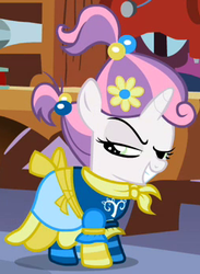 Size: 251x343 | Tagged: safe, screencap, sweetie belle, pony, g4, sisterhooves social, clothes, dress, evil smile, faic, female, grin, outfit catalog, smiling, solo