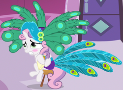 Size: 859x627 | Tagged: safe, screencap, sweetie belle, pony, unicorn, g4, ponyville confidential, blushing, clothes, crossed legs, cute, diasweetes, dress, embarrassed, female, filly, outfit catalog, peacock feathers, pencil, solo