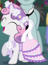 Size: 427x571 | Tagged: safe, screencap, sweetie belle, pony, unicorn, a canterlot wedding, g4, cute, diasweetes, eyes closed, female, filly, flower filly, happy, open mouth, outfit catalog, raised hoof