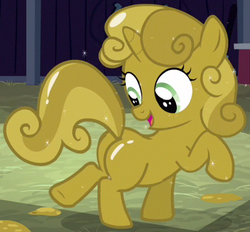 Size: 393x364 | Tagged: safe, screencap, sweetie belle, pony, unicorn, g4, one bad apple, butt, covered, female, filly, foal, luster dust, mare, outfit catalog, plot, solo, sweetie butt, sweetie gold